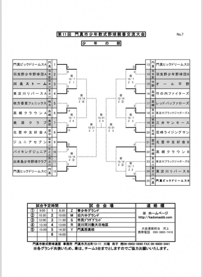 第11回門真市少年軟式野球親善交流大会トーナメント表